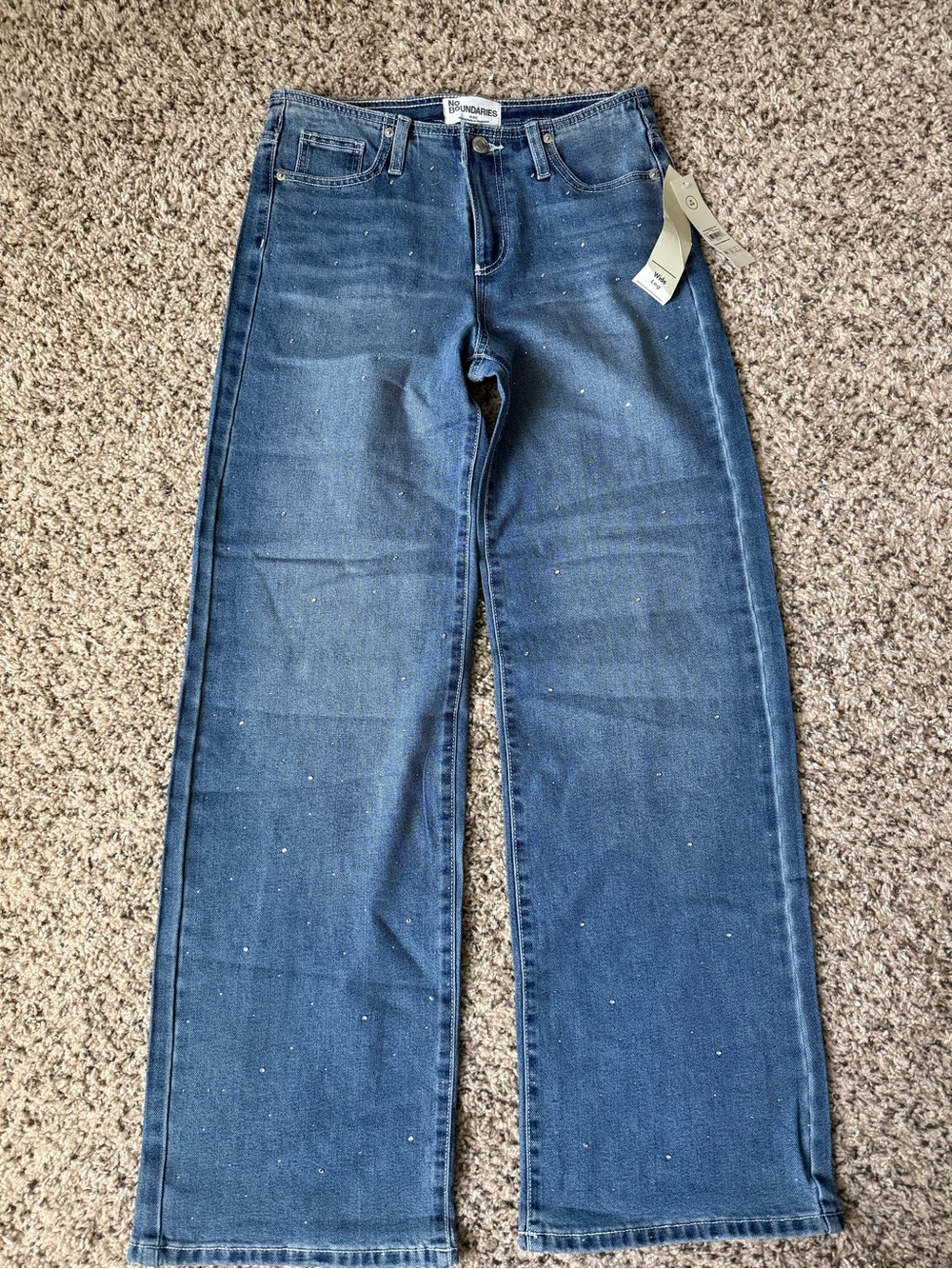 No Boundaries Women's Wide Leg Jeans - Dark Blue with Sparkle Detail